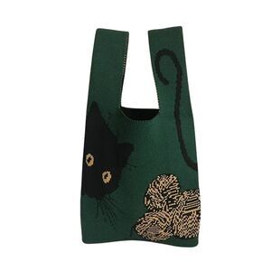 Y2k Green Knit Small Tote Bag Casual Handbag Summer Cat Lover Spring Cottagecore